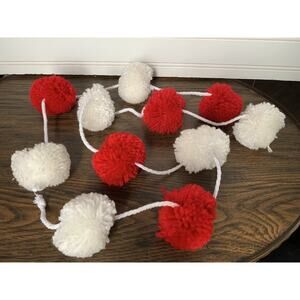 Christmas Red White Pompon Decor String Garland for Fireplace/Tree 67” Long X 2”